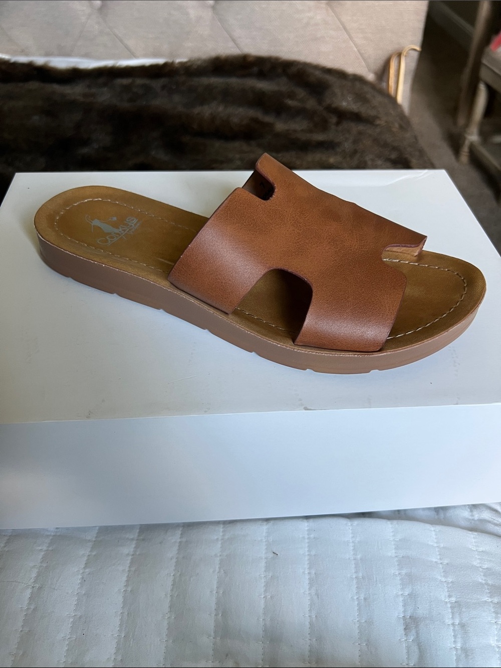 Corkys Tan/Brown Slide Sandal with Cutout Upper